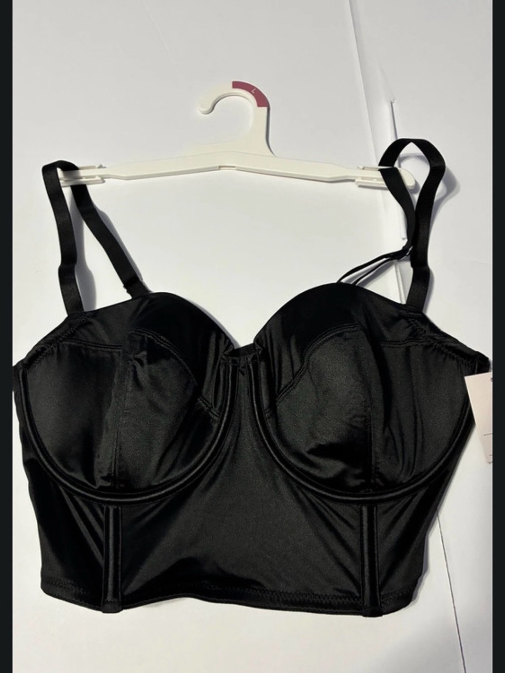 Auden black satin bustier longline bra, underwired, boned, size L, new with tags